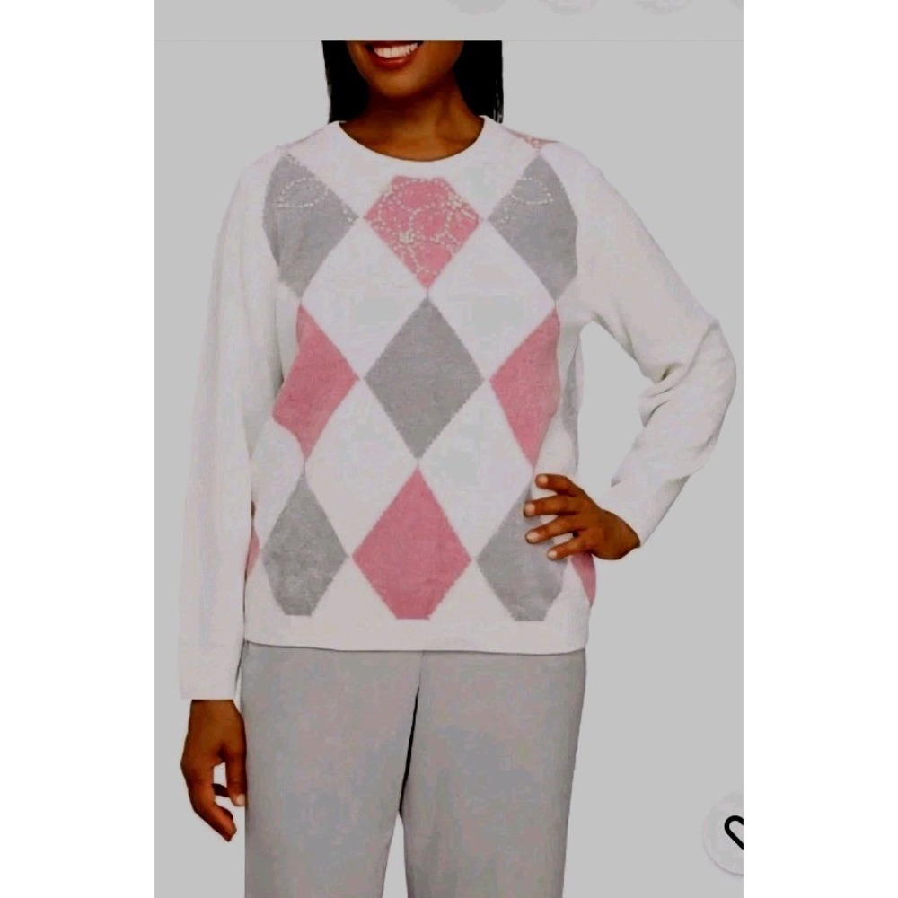 NWT Alfred Dunner Alpine Lodge Argyle Chenille Sweater Faux Pearls Size 3X